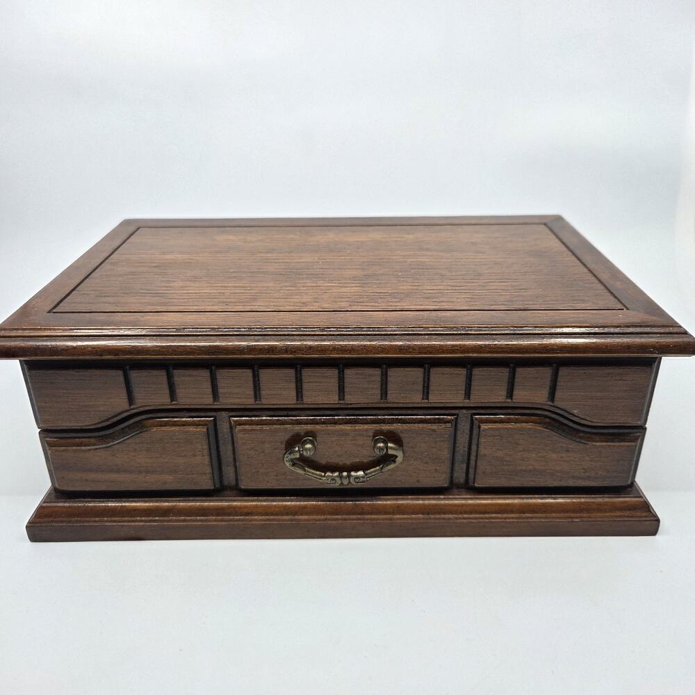 Vintage Wooden Jewelry Box Taiwan R.O.C. Ring Storage Drawer 10.5" Brown